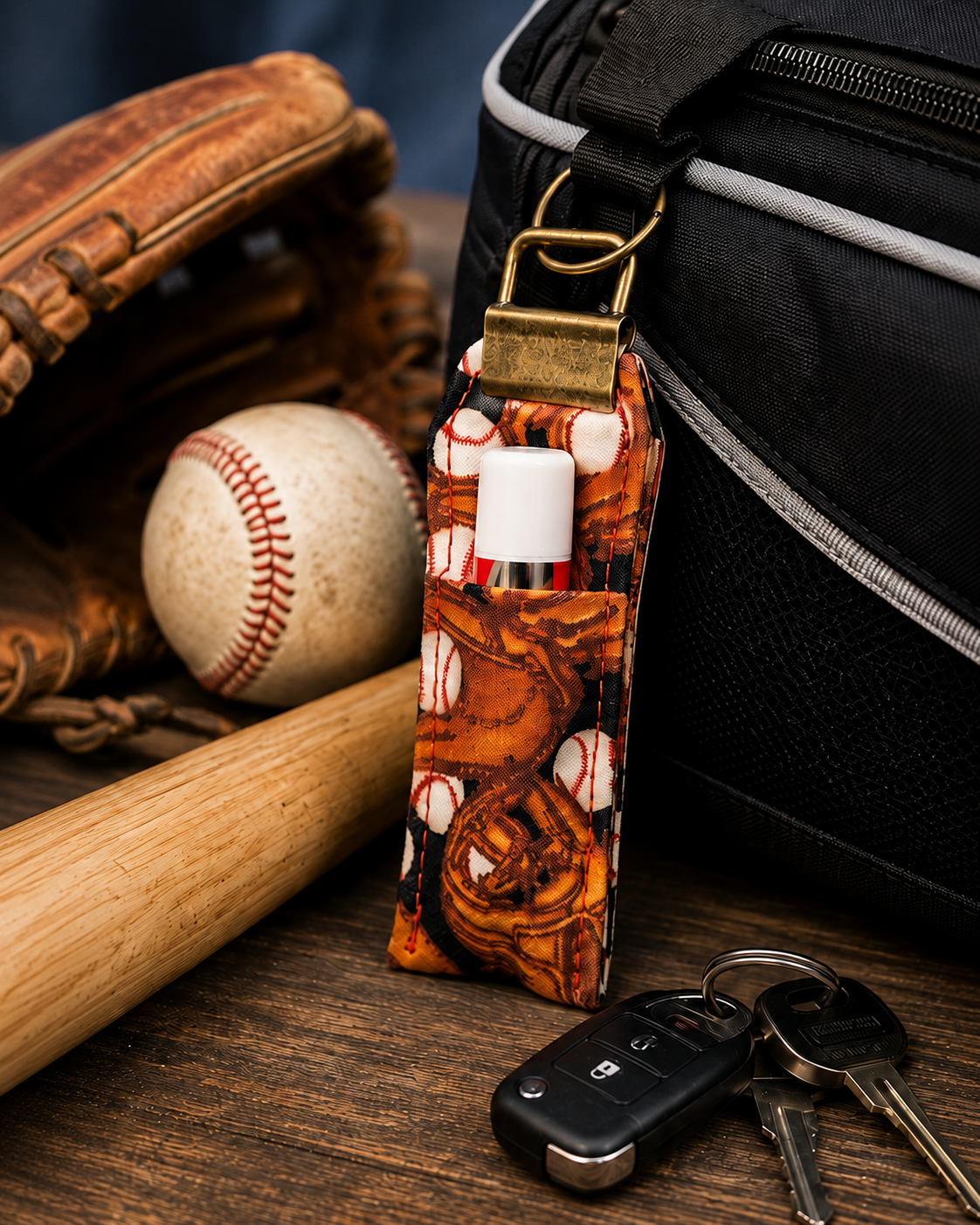 Handmade Baseball Print Lip Balm Keychain – Wristlet Key Fob | Lip Balm Holder