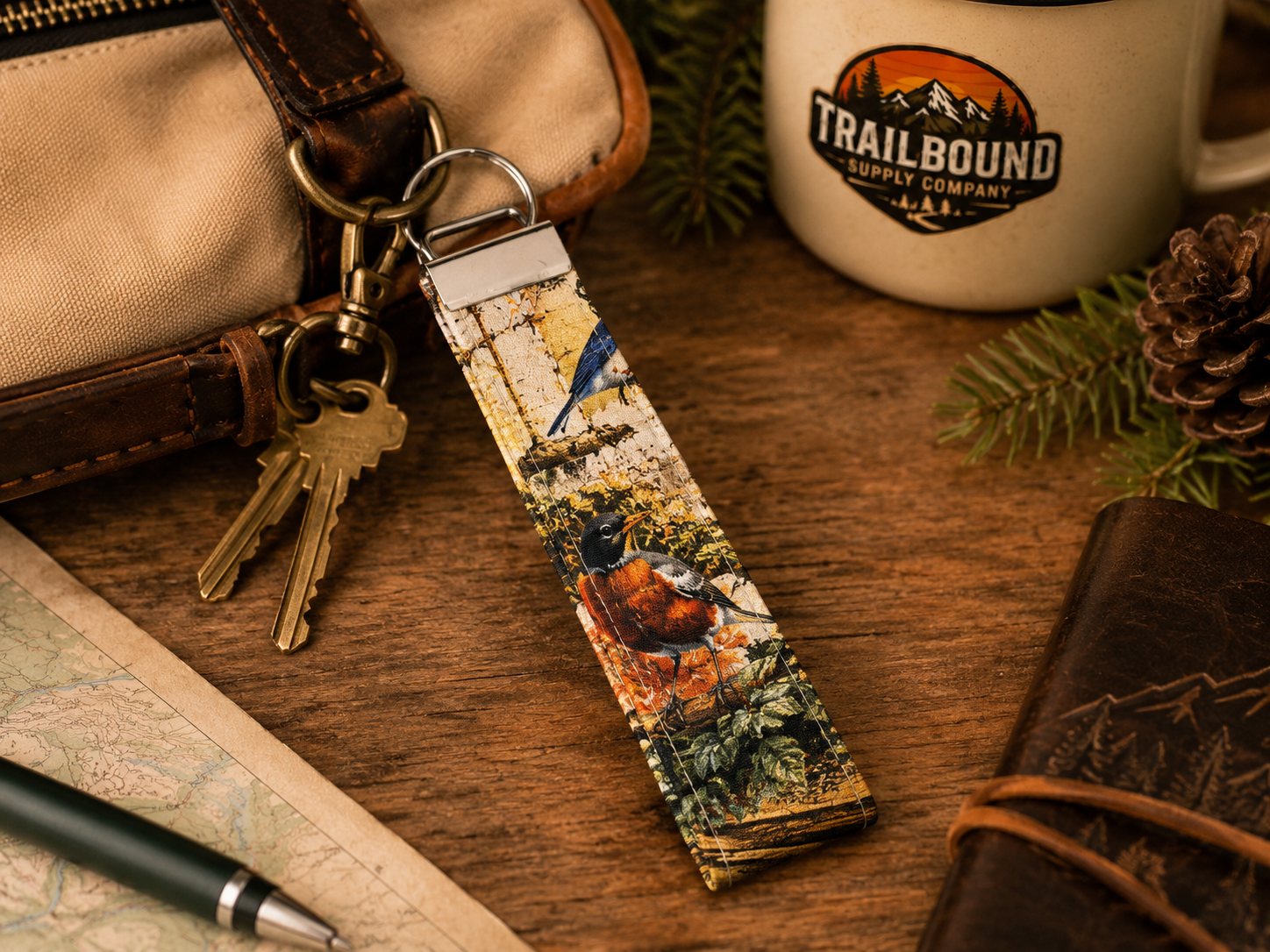 Handmade Bird Print Keychain – Wristlet Keychain | Fabric Key Fob