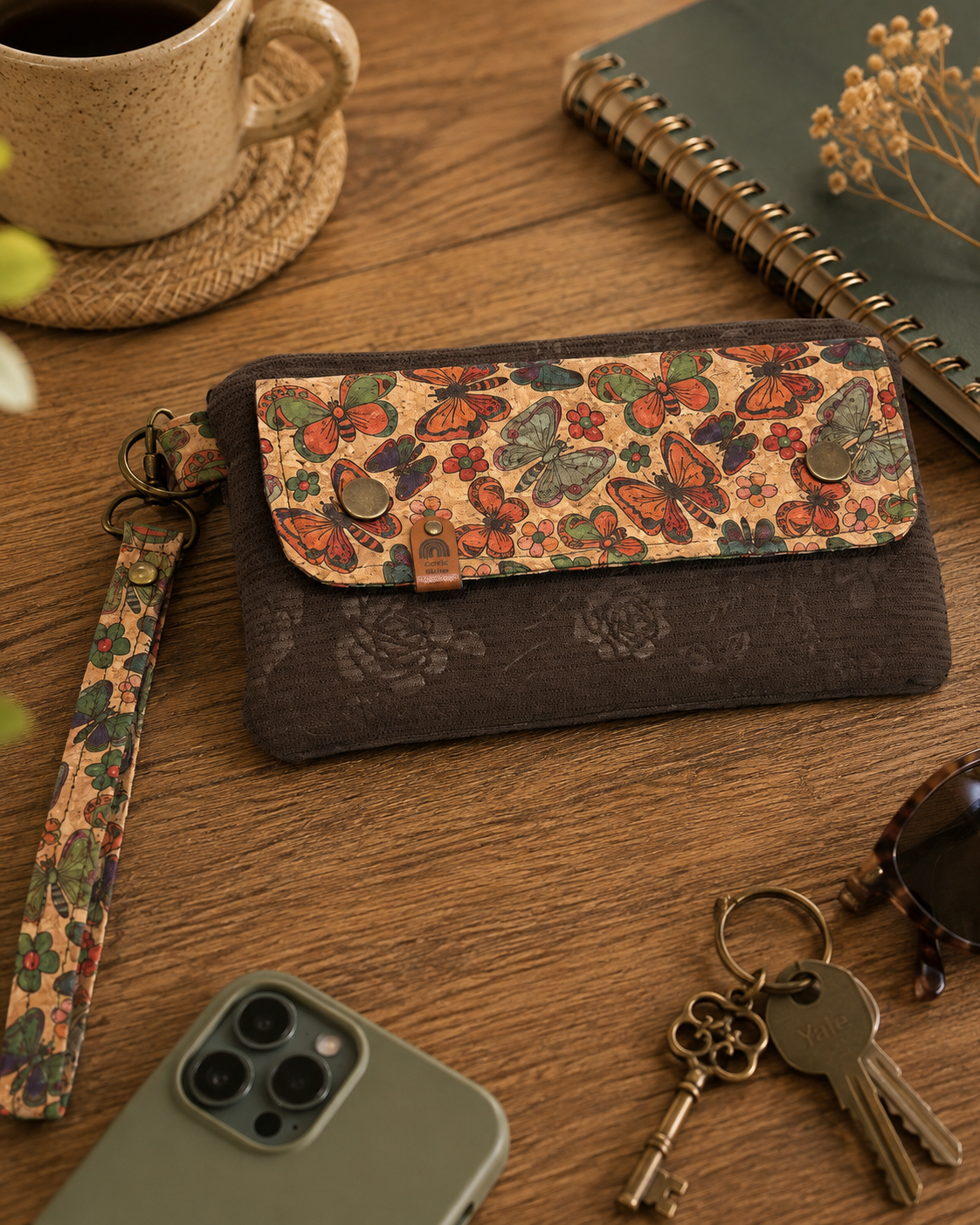 Handmade Butterfly Cork Wrist Wallet – Zippered Running Wallet | Phone & Card Holder