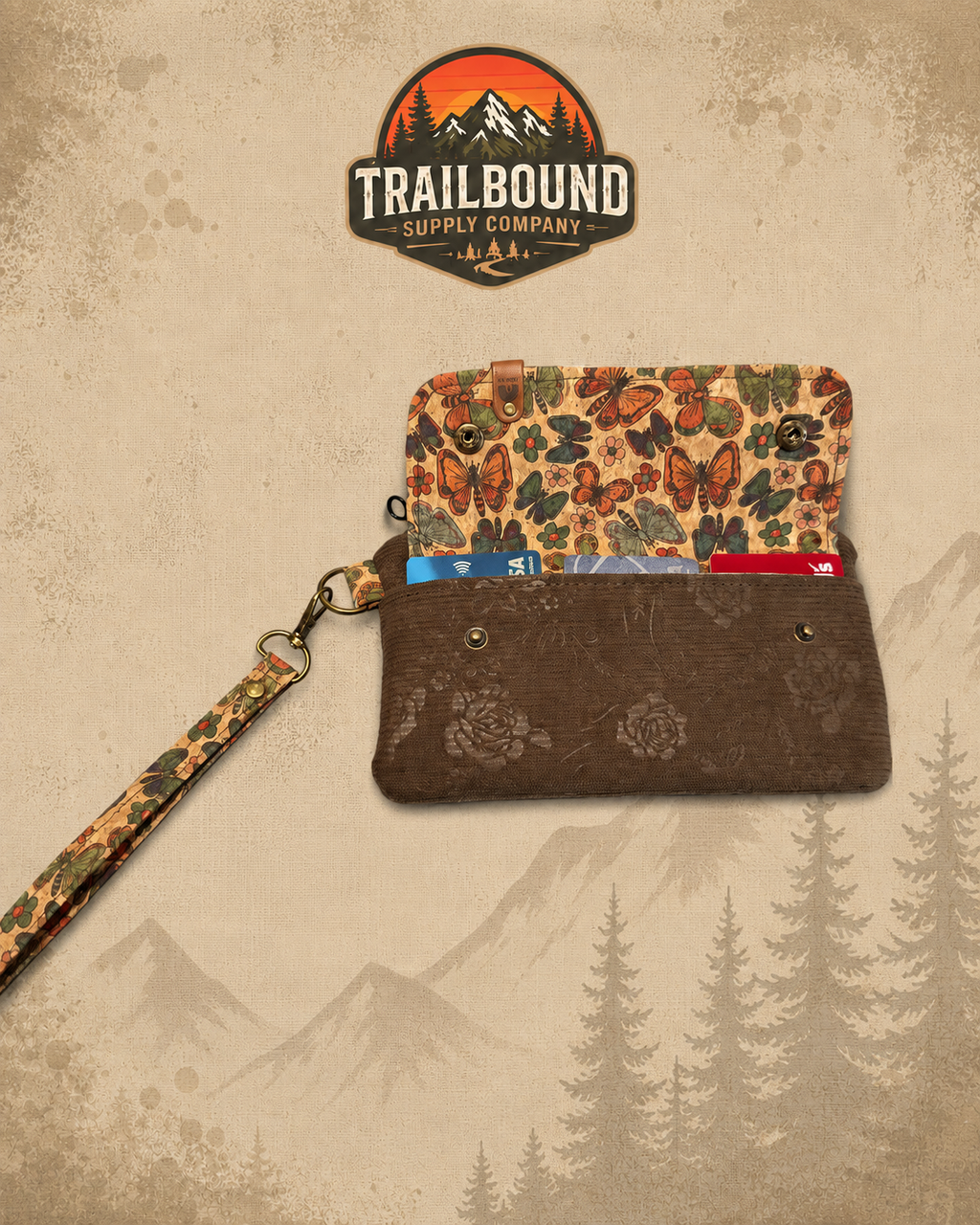 Handmade Butterfly Cork Wrist Wallet – Zippered Running Wallet | Phone & Card Holder