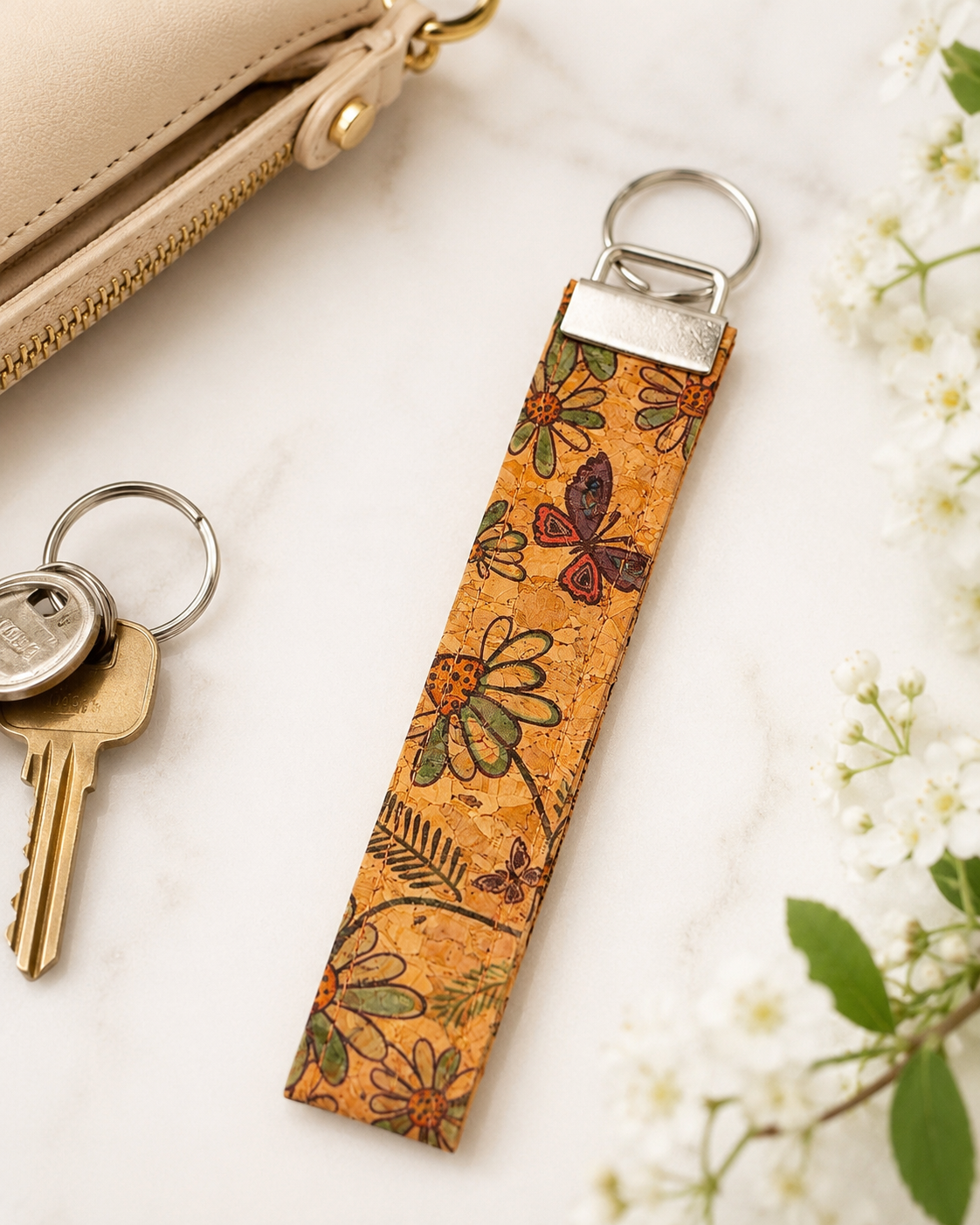 Handmade Butterfly Flower Cork Keychain – Wristlet Keychain | Fabric Key Fob