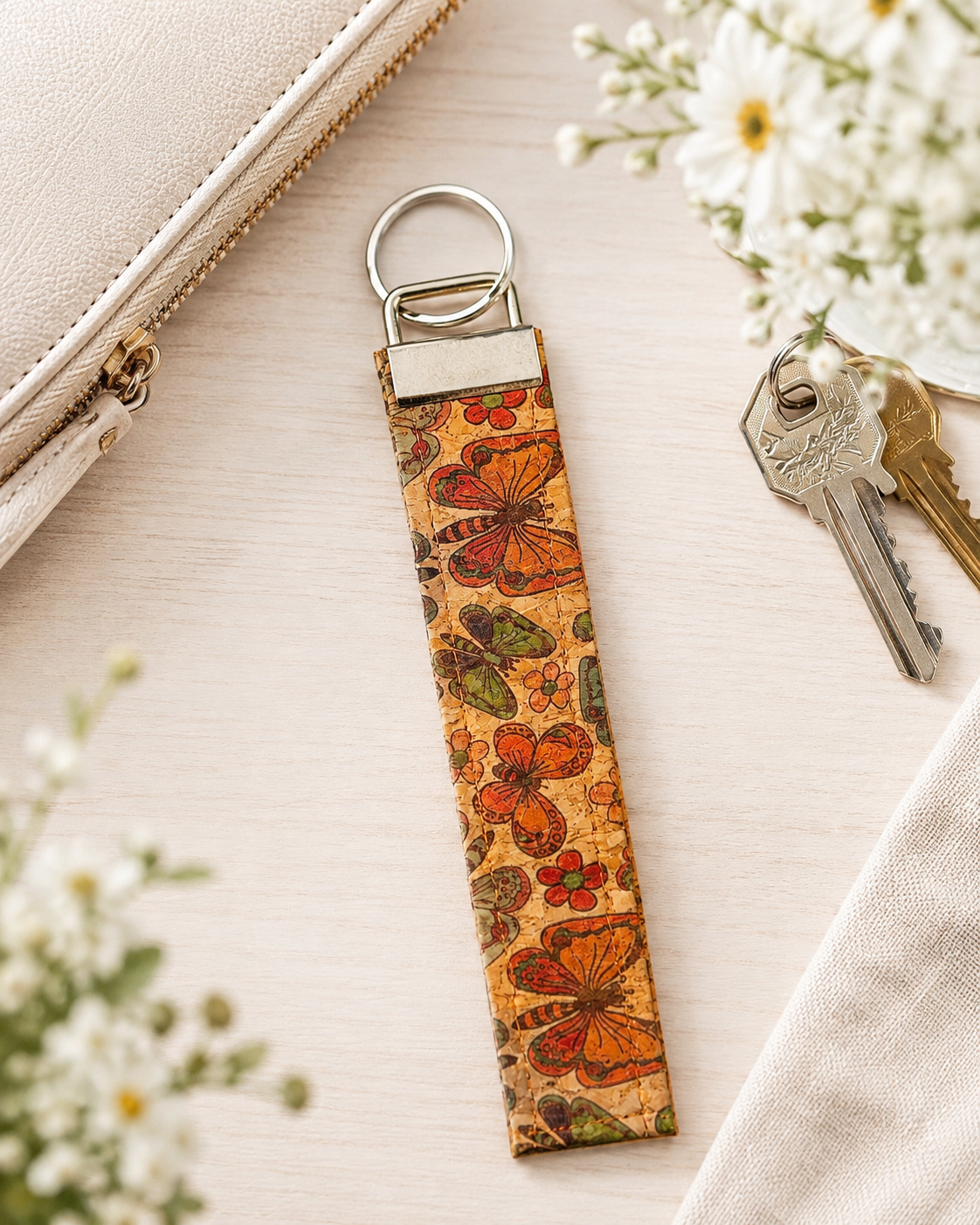 Handmade Butterfly Cork Keychain – Wristlet Keychain | Fabric Key Fob