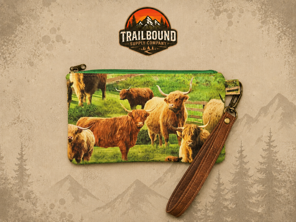 Handmade Highland Cow Wrist Wallet – Zippered Running Wallet | Phone & Card Holder