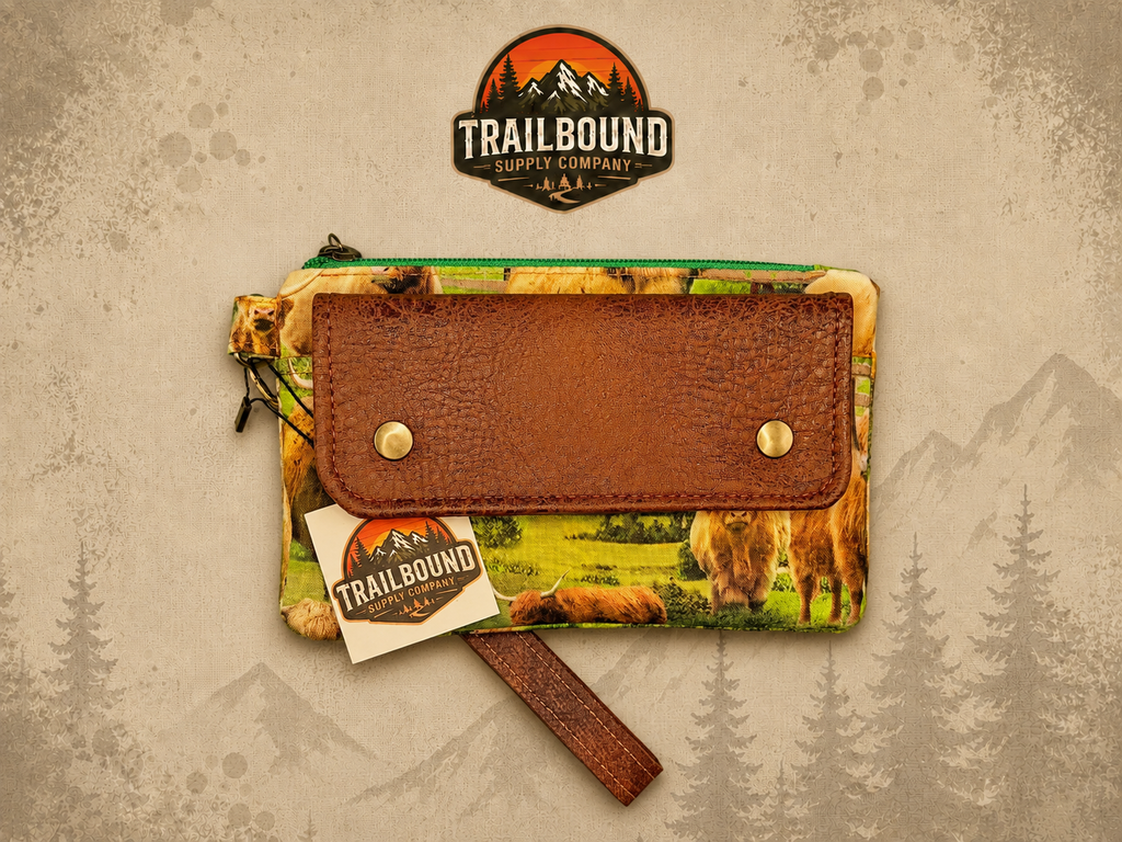 Handmade Highland Cow Wrist Wallet – Zippered Running Wallet | Phone & Card Holder