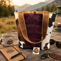 Handmade Cow Print Tote Bag – Purple Leather Accents | Structured Everyday Tote