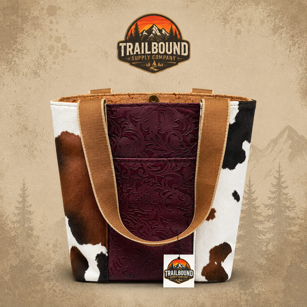 Handmade Cow Print Tote Bag – Purple Leather Accents | Structured Everyday Tote