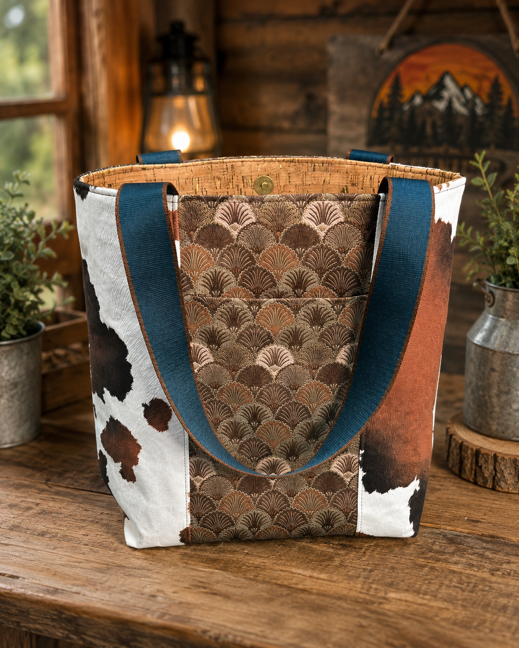 Handmade Cow Print Tote Bag – Seashell Leather Accents | Structured Everyday Tote