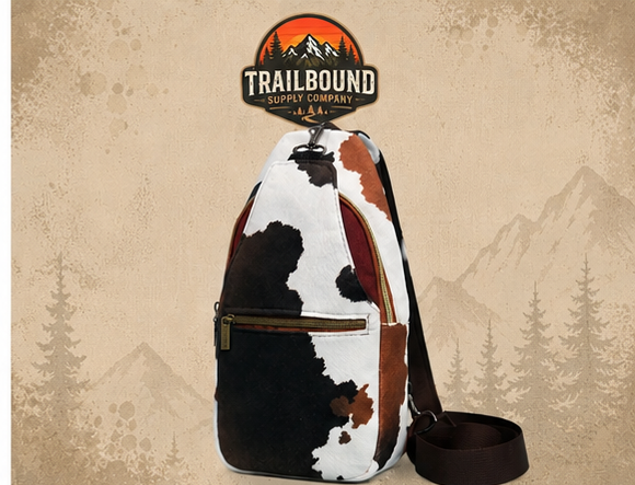 Handmade Cow Print Sling Bag – Rustic Brown Accents | Crossbody Sling Backpack