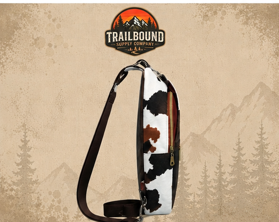 Handmade Cow Print Sling Bag – Rustic Brown Accents | Crossbody Sling Backpack